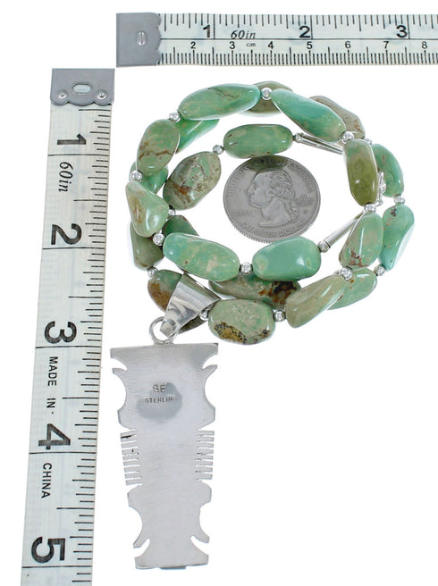 Native American Kingman Turquoise Inlay And Sterling Silver Navajo Bead Necklace And Pendant Set AX124782